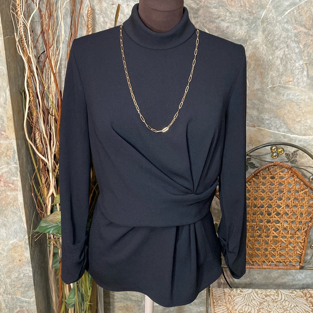 Zara woman’s black shirt top blouse tunic long ruching wrap long sleeve